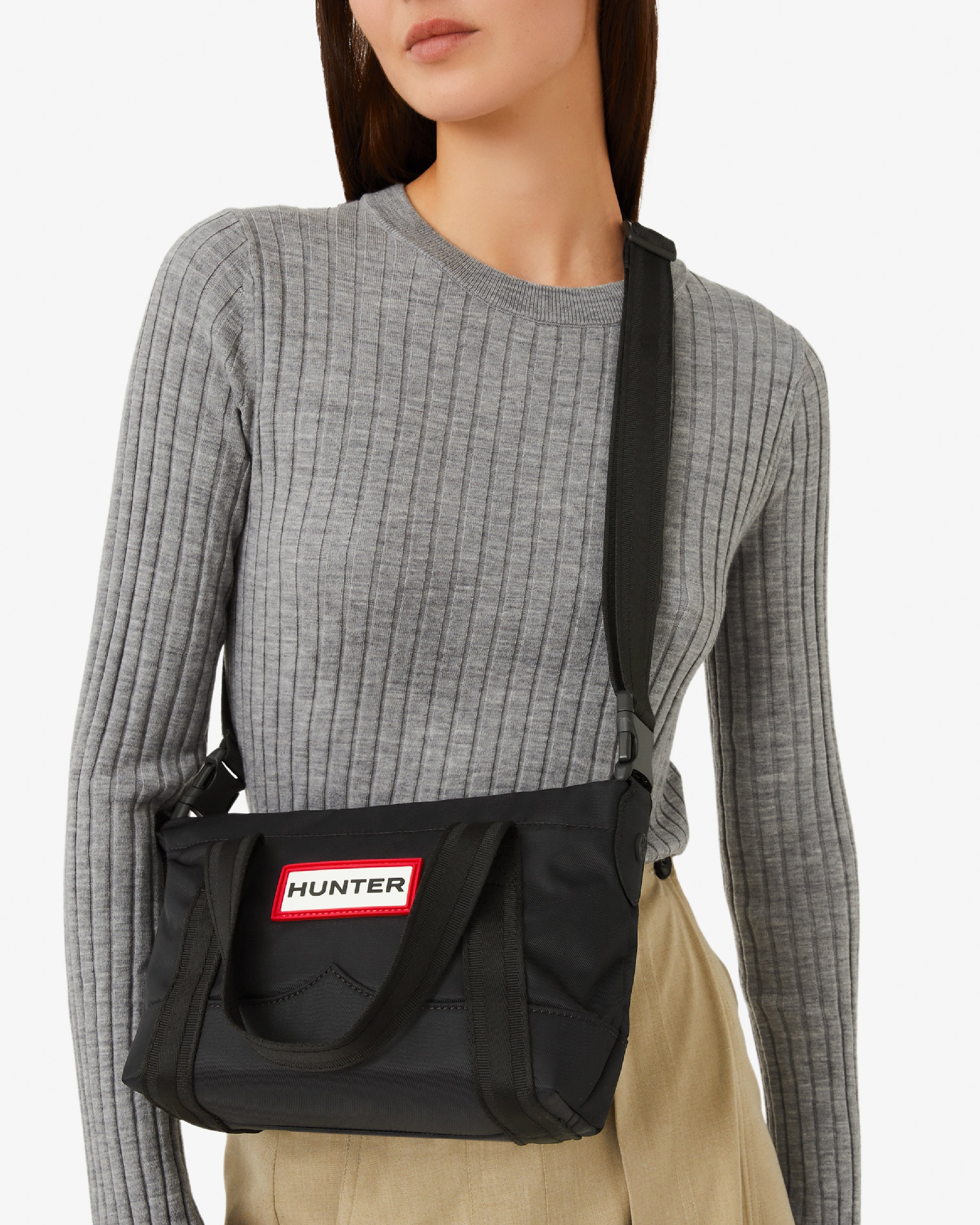 ナイロン ミニ トップ クリップ トート バッグ - ブラック